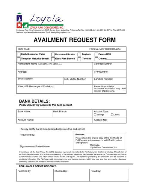 Availment Request Form: Bank Details .